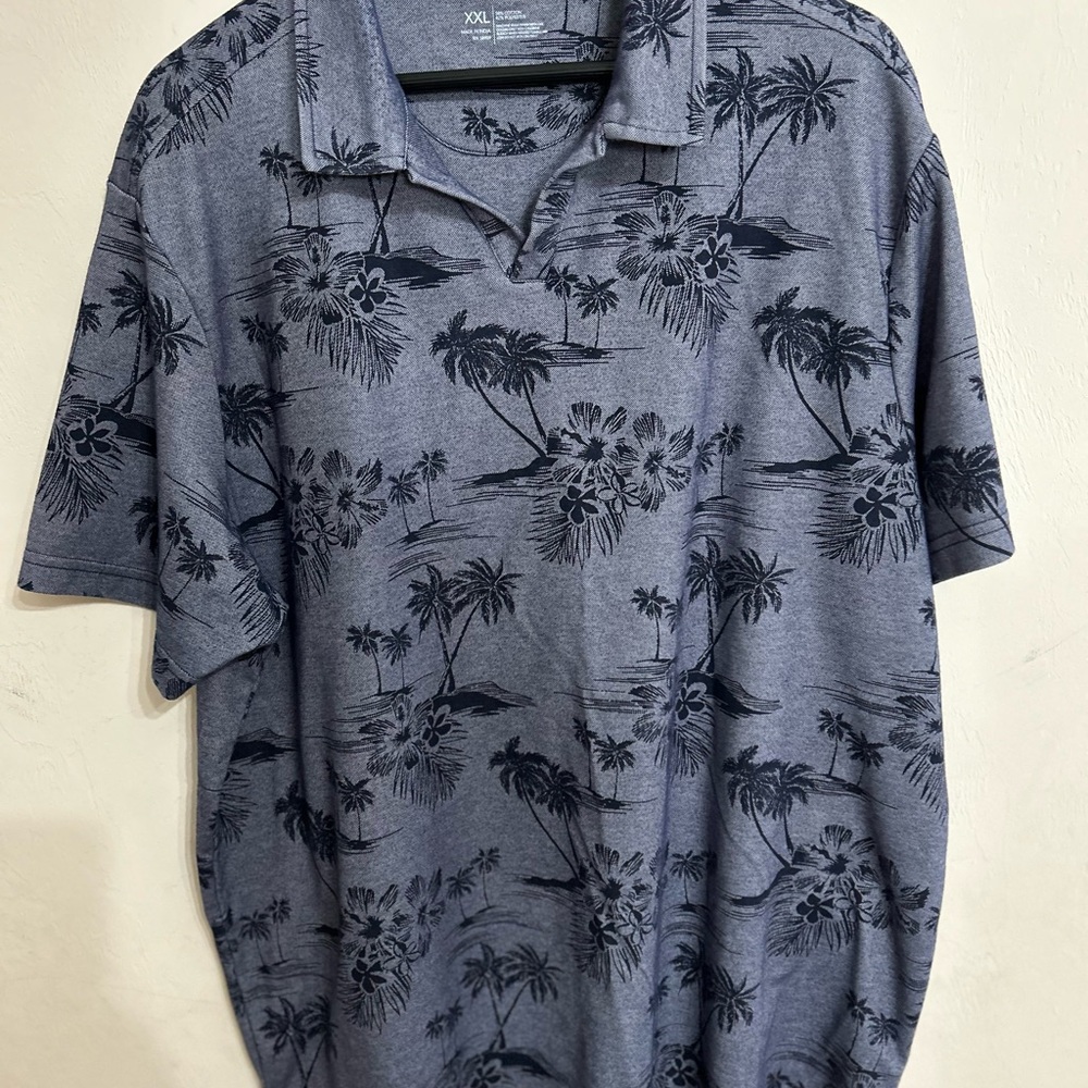 Caribbean Palm Trees & Tropical Flowers Polo Shirt Size XXL Blue